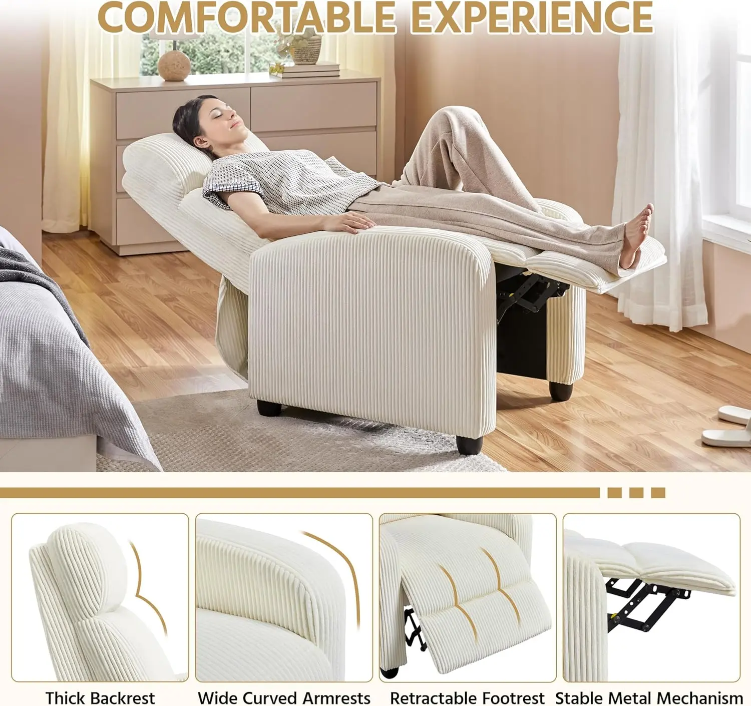 Corduroy Recliner Chair Single Sofa Home Theater Seating Adjustable Modern Reclining Chair for Living Room Bedroom Home Theater