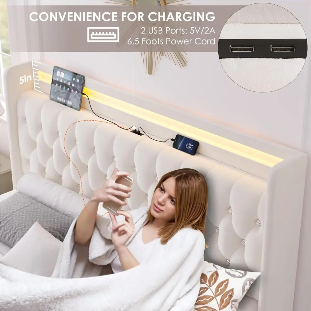 HIFIT Queen LED Bed Frame with Charging Station and 4 Storage Drawers, Velvet Upholstered Platform Bed with Handcrafted Crystal