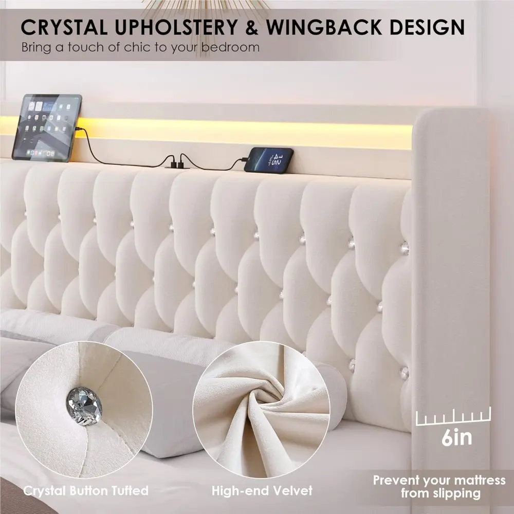 HIFIT Queen LED Bed Frame with Charging Station and 4 Storage Drawers, Velvet Upholstered Platform Bed with Handcrafted Crystal