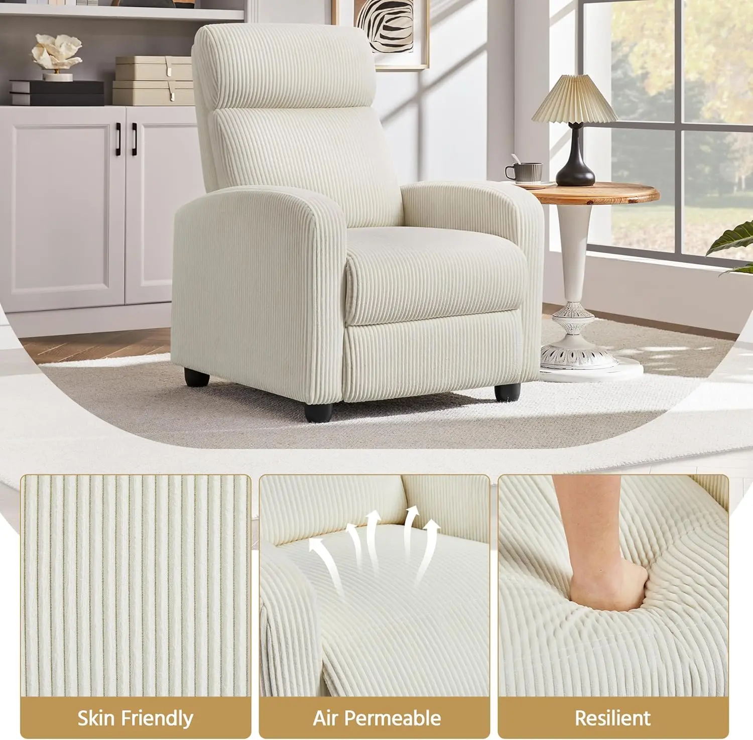Corduroy Recliner Chair Single Sofa Home Theater Seating Adjustable Modern Reclining Chair for Living Room Bedroom Home Theater