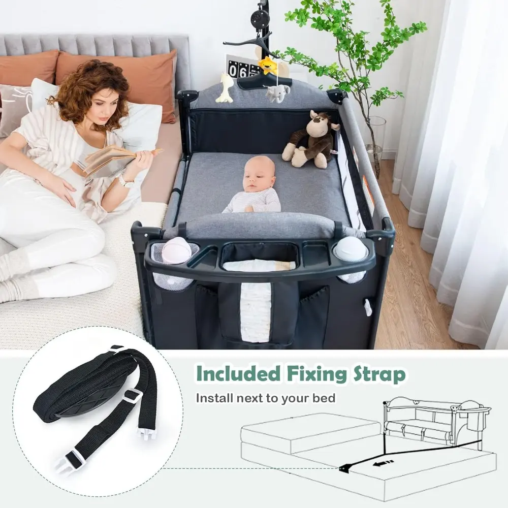 5-in-1 Pack and Play, Baby Bedside Sleeper with Bassinet, Multifunction Bedside Crib from Newborn to Toddlers, U-Shaped Diaper