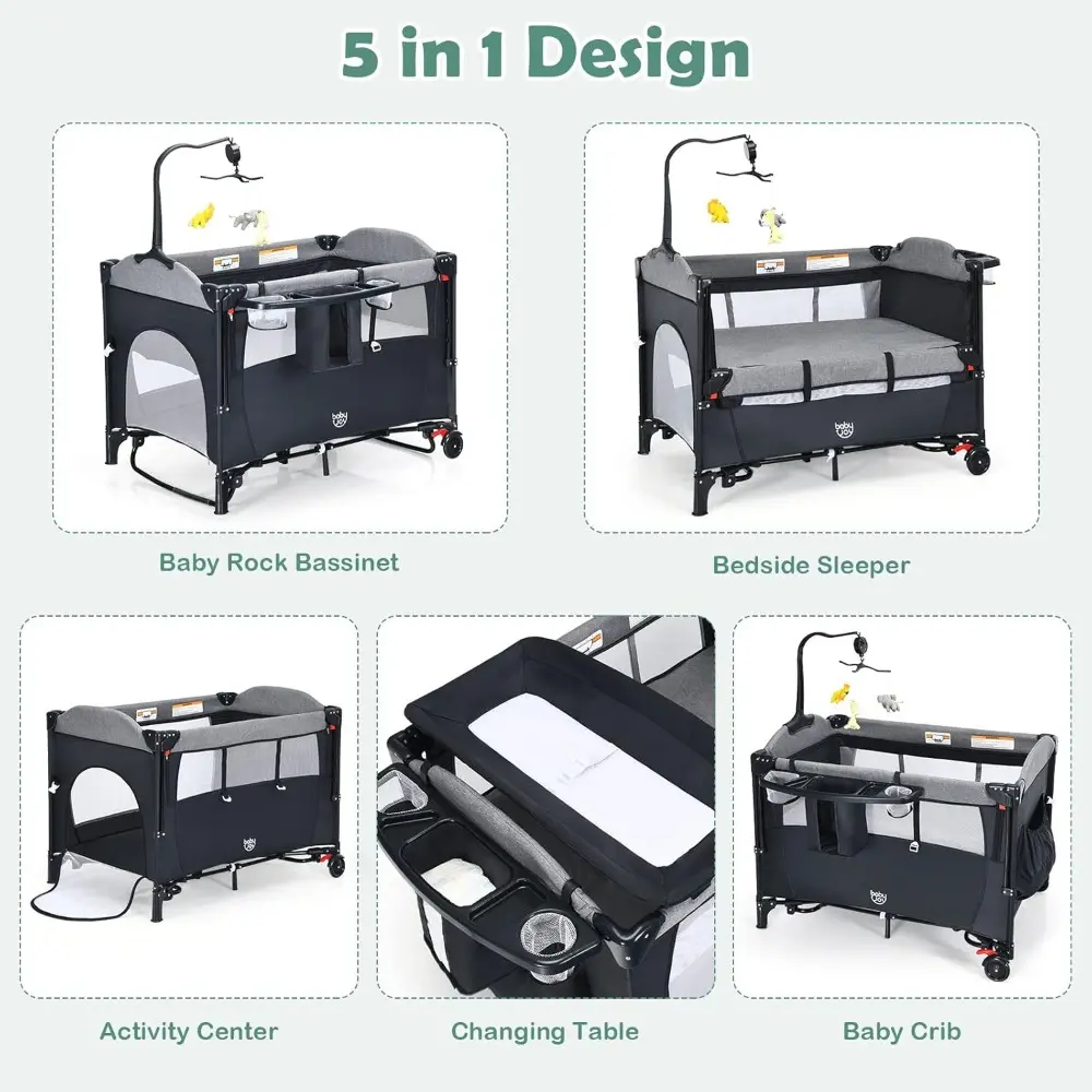 5-in-1 Pack and Play, Baby Bedside Sleeper with Bassinet, Multifunction Bedside Crib from Newborn to Toddlers, U-Shaped Diaper