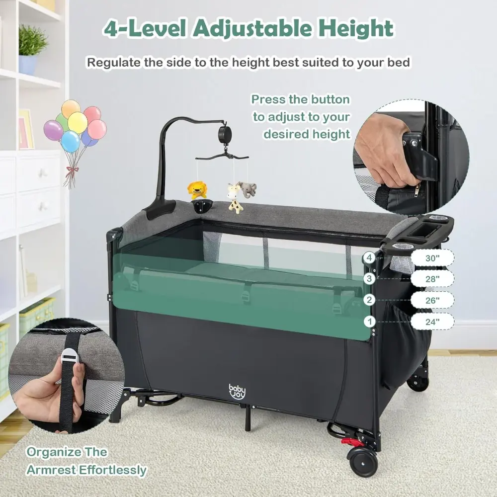 5-in-1 Pack and Play, Baby Bedside Sleeper with Bassinet, Multifunction Bedside Crib from Newborn to Toddlers, U-Shaped Diaper