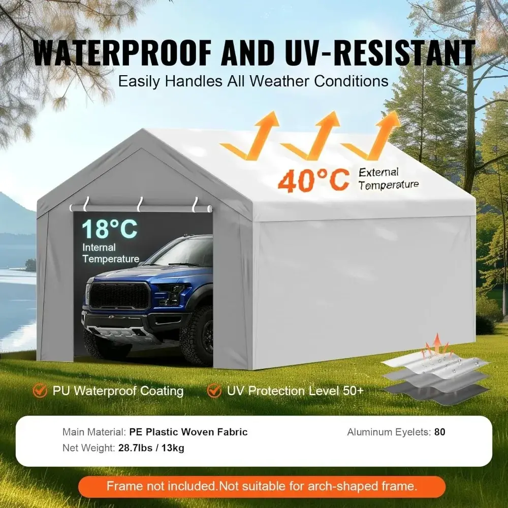 Carport Replacement Canopy Cover Top + Side Wall 10 x 20 ft, Garage Tent Shelter Tarp Heavy-Duty Waterproof & UV Protected, Eas