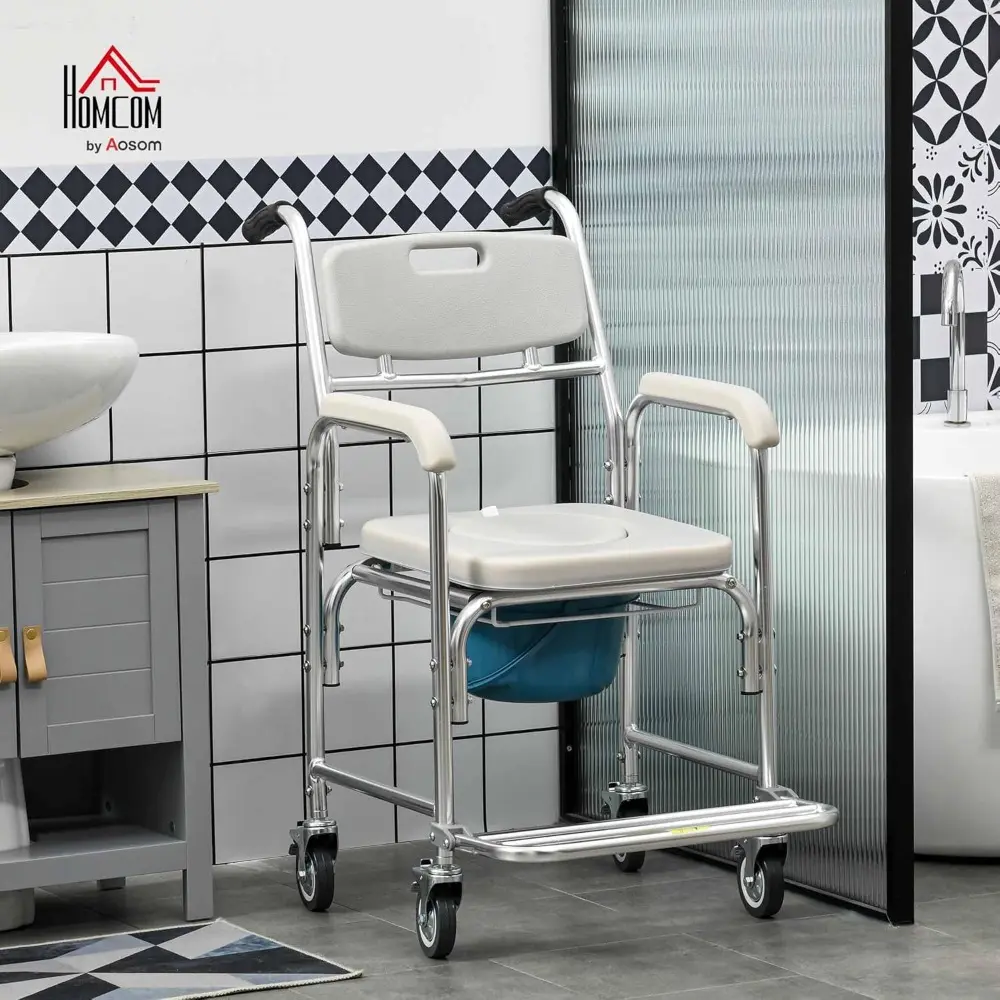 3-in-1 Shower Commode Wheelchair, Transport Beside Commode Chair, Waterproof Rolling Over Toilet Chair 330 lbs. Weight Capacity