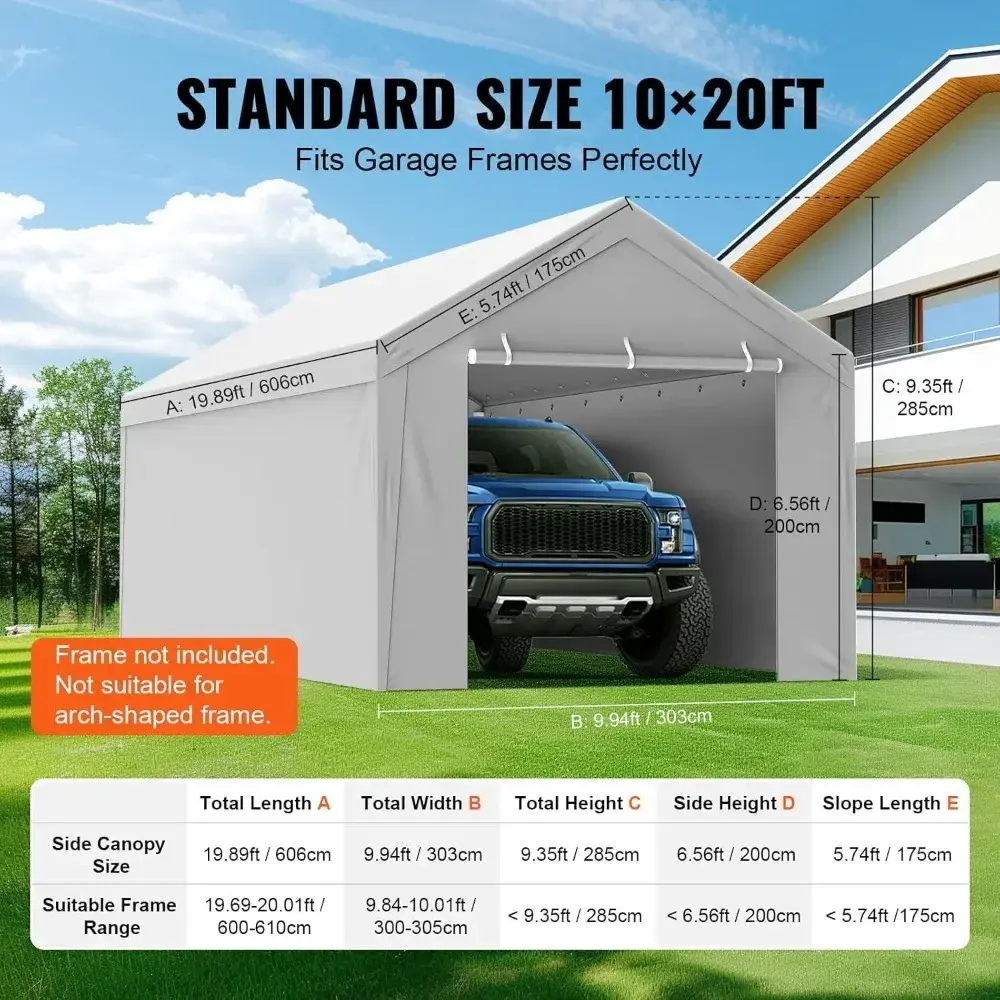 Carport Replacement Canopy Cover Top + Side Wall 10 x 20 ft, Garage Tent Shelter Tarp Heavy-Duty Waterproof & UV Protected, Eas