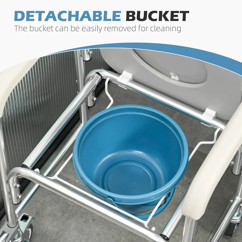 3-in-1 Shower Commode Wheelchair, Transport Beside Commode Chair, Waterproof Rolling Over Toilet Chair 330 lbs. Weight Capacity