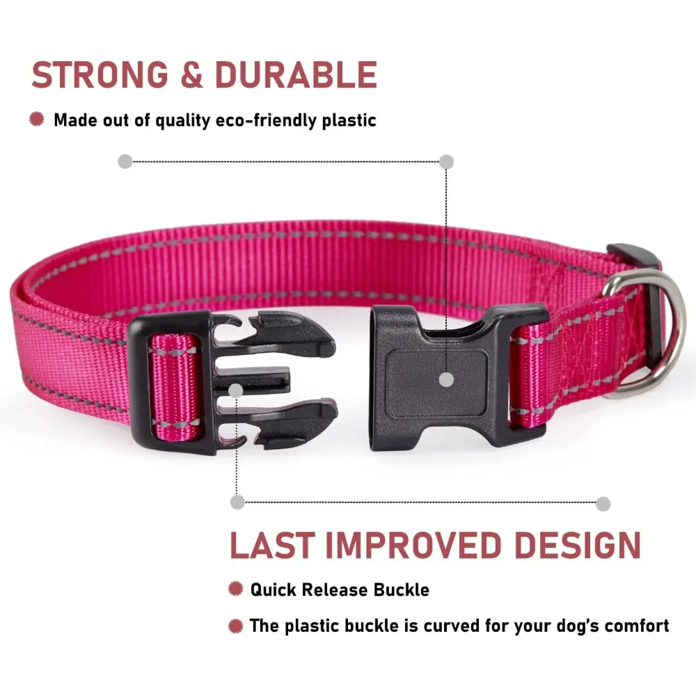 Adjustable Safety Reflective Nylon Dog Collar for Small to Large Dogs in Hot Pink, XS Size