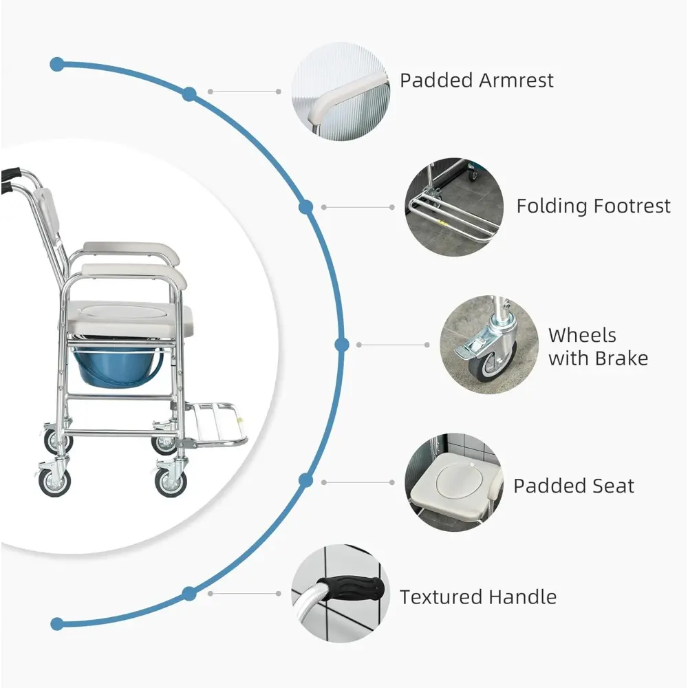 3-in-1 Shower Commode Wheelchair, Transport Beside Commode Chair, Waterproof Rolling Over Toilet Chair 330 lbs. Weight Capacity