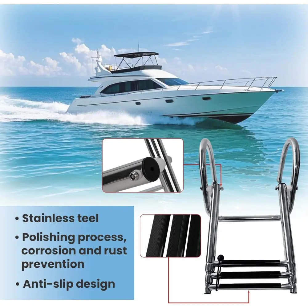 Pontoon Boat Ladder, Stainless Steel 3 Step Telescoping Boat Boarding Ladder with Wide Steps, Folding Boat Swim Ladder,Dock Ladd