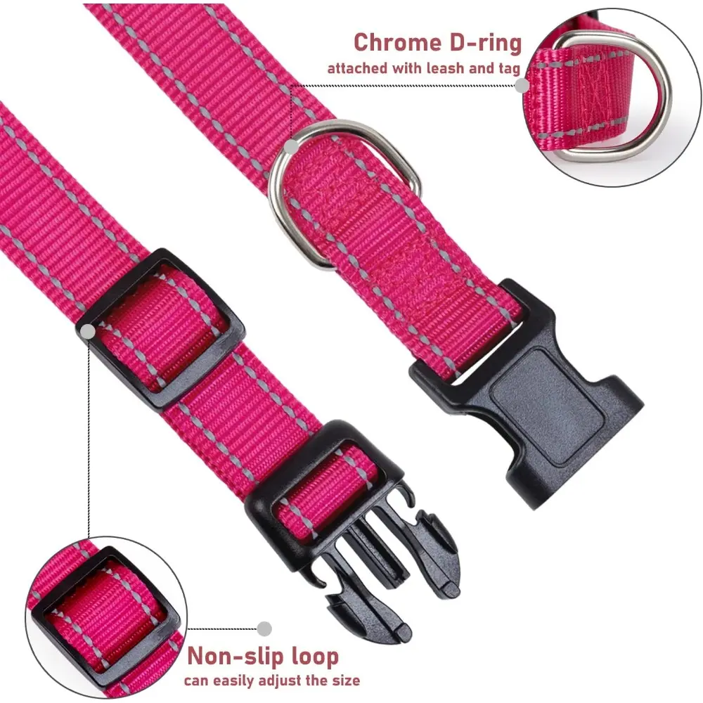 Adjustable Safety Reflective Nylon Dog Collar for Small to Large Dogs in Hot Pink, XS Size