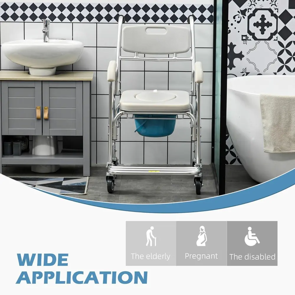 3-in-1 Shower Commode Wheelchair, Transport Beside Commode Chair, Waterproof Rolling Over Toilet Chair 330 lbs. Weight Capacity