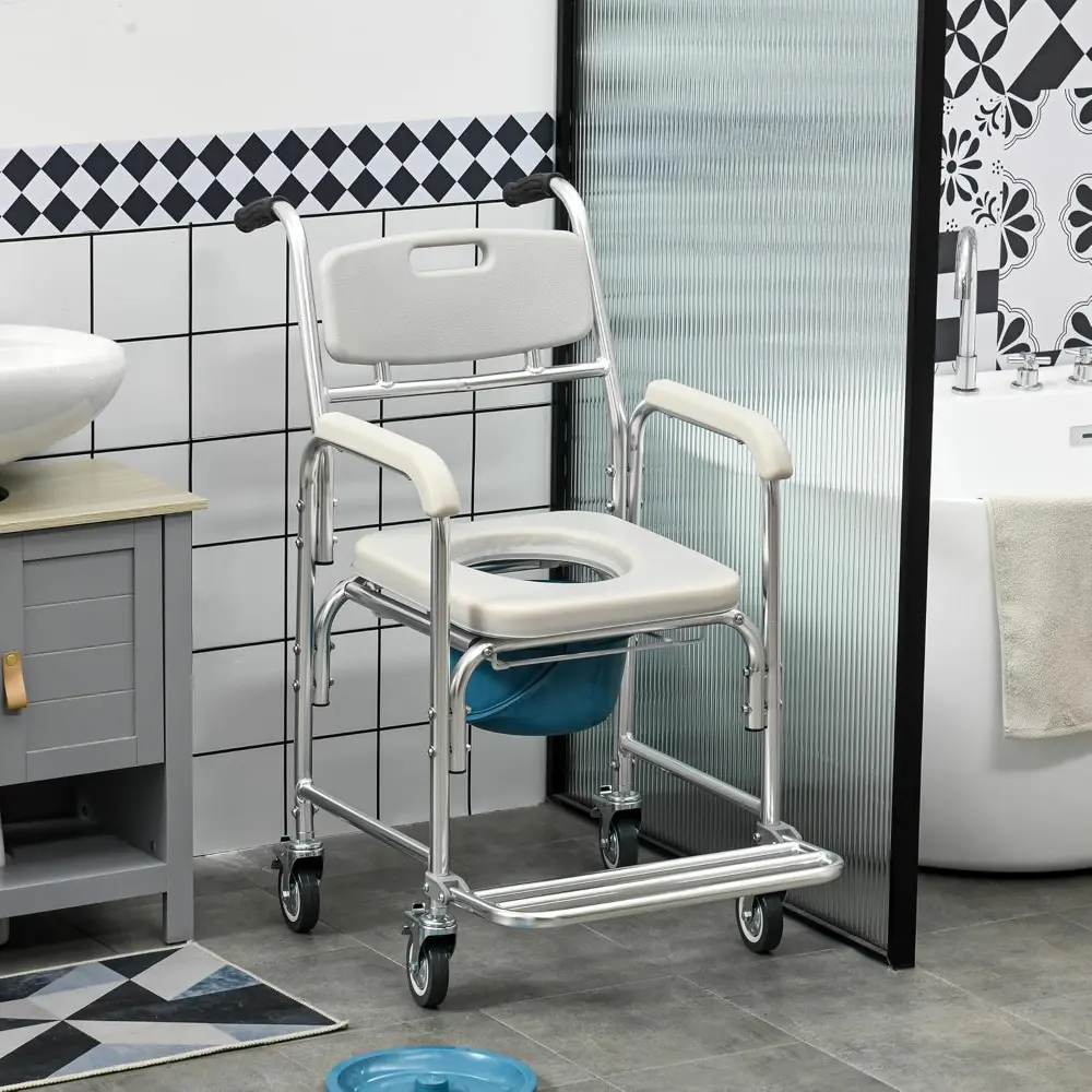 3-in-1 Shower Commode Wheelchair, Transport Beside Commode Chair, Waterproof Rolling Over Toilet Chair 330 lbs. Weight Capacity