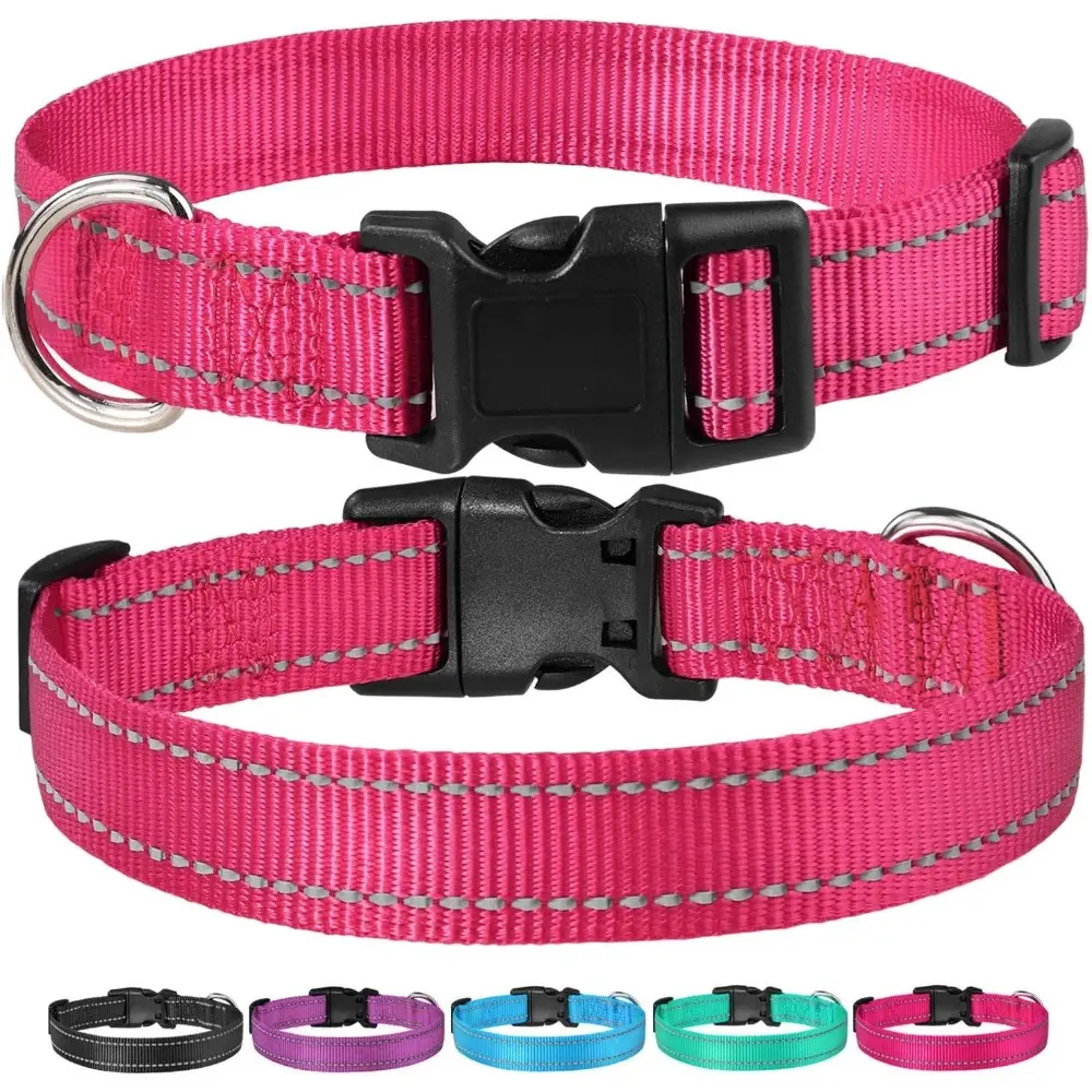 Adjustable Safety Reflective Nylon Dog Collar for Small to Large Dogs in Hot Pink, XS Size