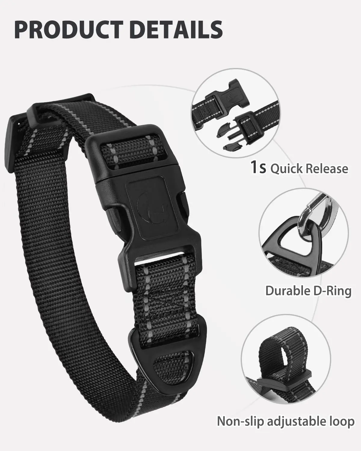 Reflective Adjustable Nylon Dog Collar for Small Dogs with Quick Release Buckle and Lightweight No-Choke Design
