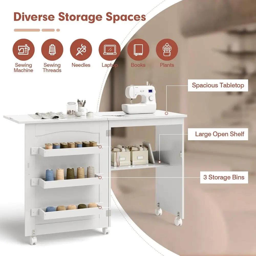 Folding Sewing Craft Table, Sewing Cabinet with 3 Storage Bins and Shelf, Rolling Craft Station Sewing Machine Work Desk with L
