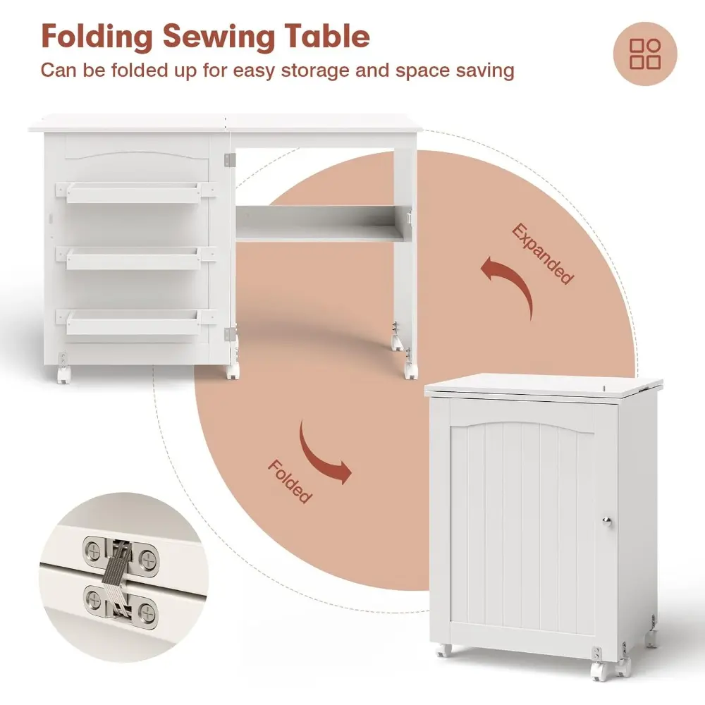 Folding Sewing Craft Table, Sewing Cabinet with 3 Storage Bins and Shelf, Rolling Craft Station Sewing Machine Work Desk with L