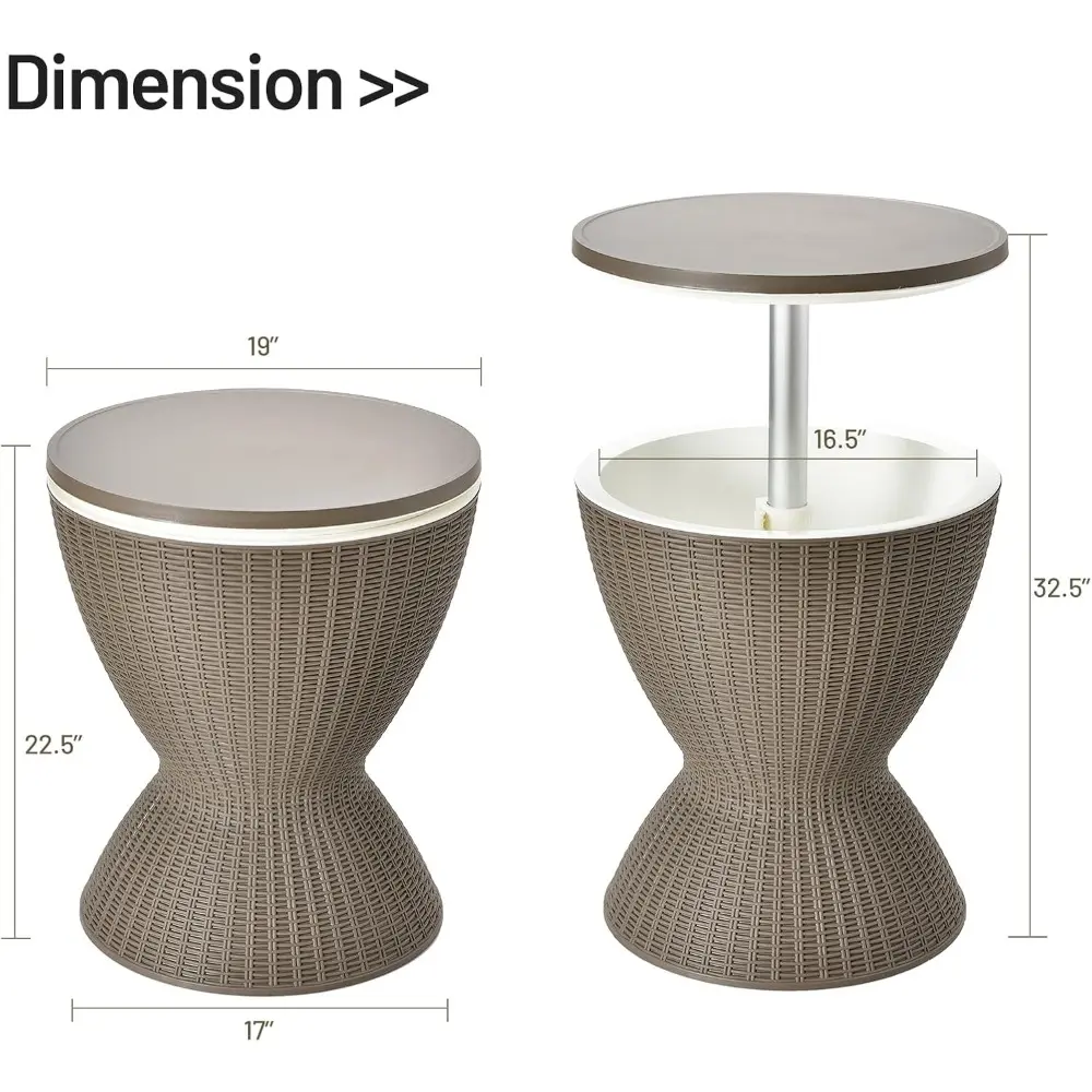 Outdoor Cool Bar Table, Rattan Style Patio 8 Gallon Beer and Wine Cooler, All-Weather Ice Bucket w/Height Adjustable Top, Drain