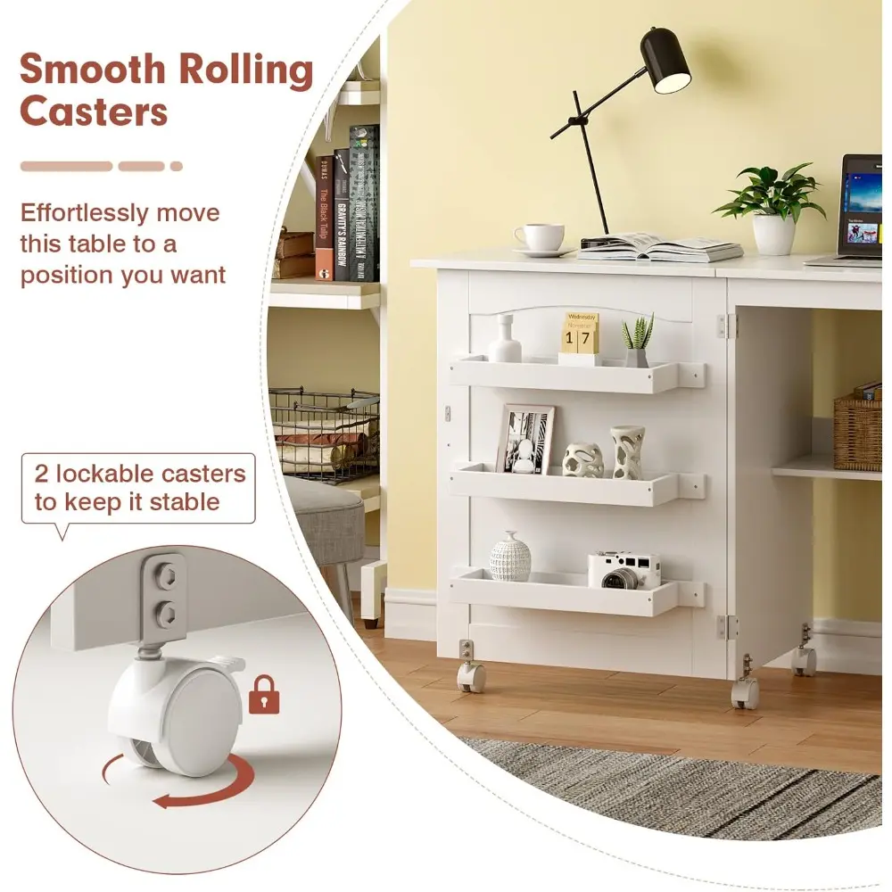 Folding Sewing Craft Table, Sewing Cabinet with 3 Storage Bins and Shelf, Rolling Craft Station Sewing Machine Work Desk with L