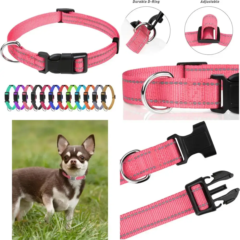 Adjustable Reflective Nylon Dog Collar for Puppies, Baby Pink, 3/8" Wide with Quick Release Buckle