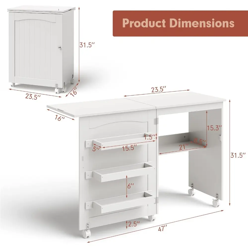 Folding Sewing Craft Table, Sewing Cabinet with 3 Storage Bins and Shelf, Rolling Craft Station Sewing Machine Work Desk with L