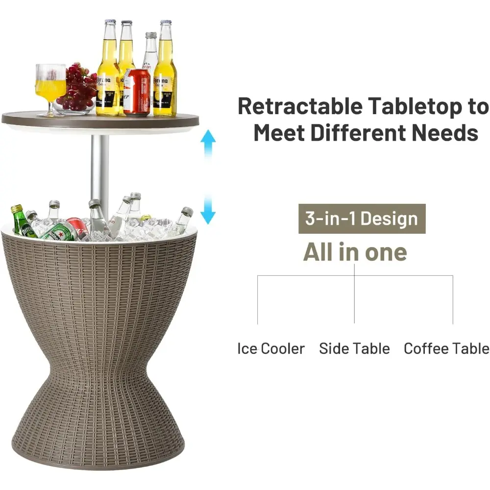 Outdoor Cool Bar Table, Rattan Style Patio 8 Gallon Beer and Wine Cooler, All-Weather Ice Bucket w/Height Adjustable Top, Drain