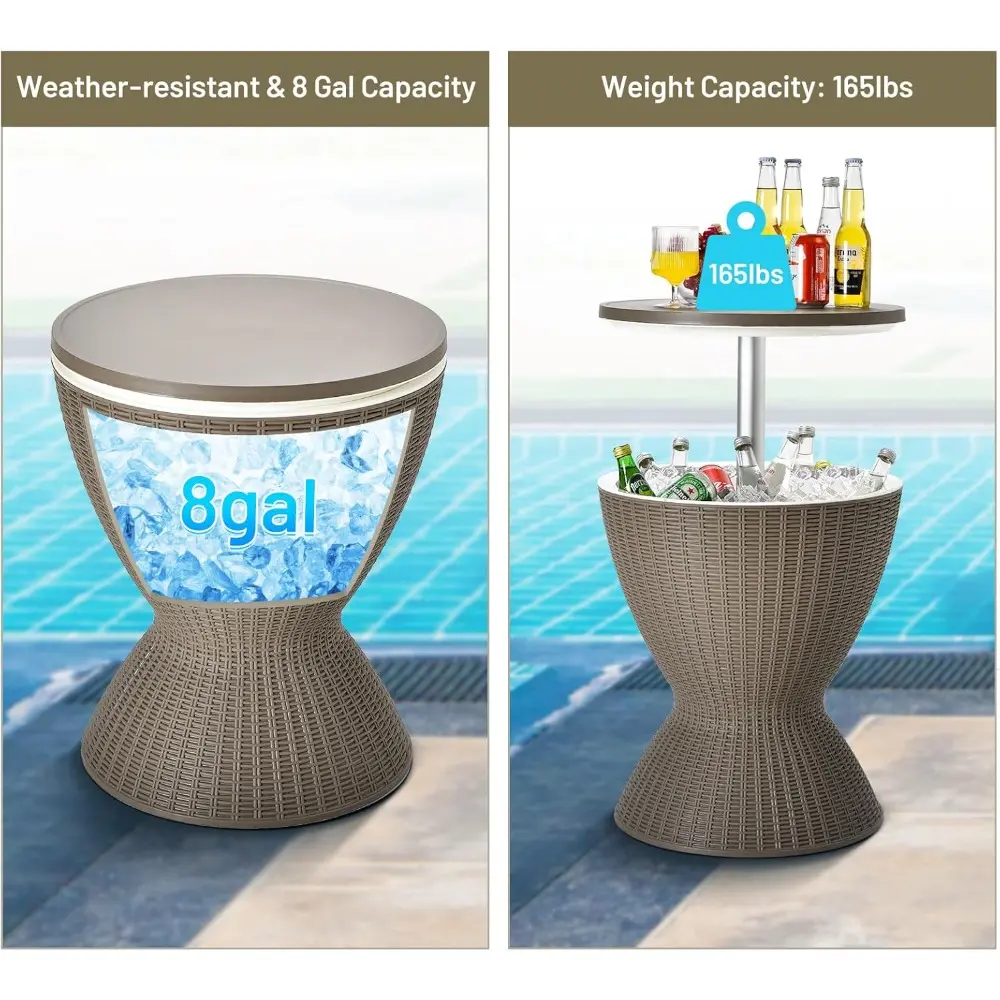 Outdoor Cool Bar Table, Rattan Style Patio 8 Gallon Beer and Wine Cooler, All-Weather Ice Bucket w/Height Adjustable Top, Drain