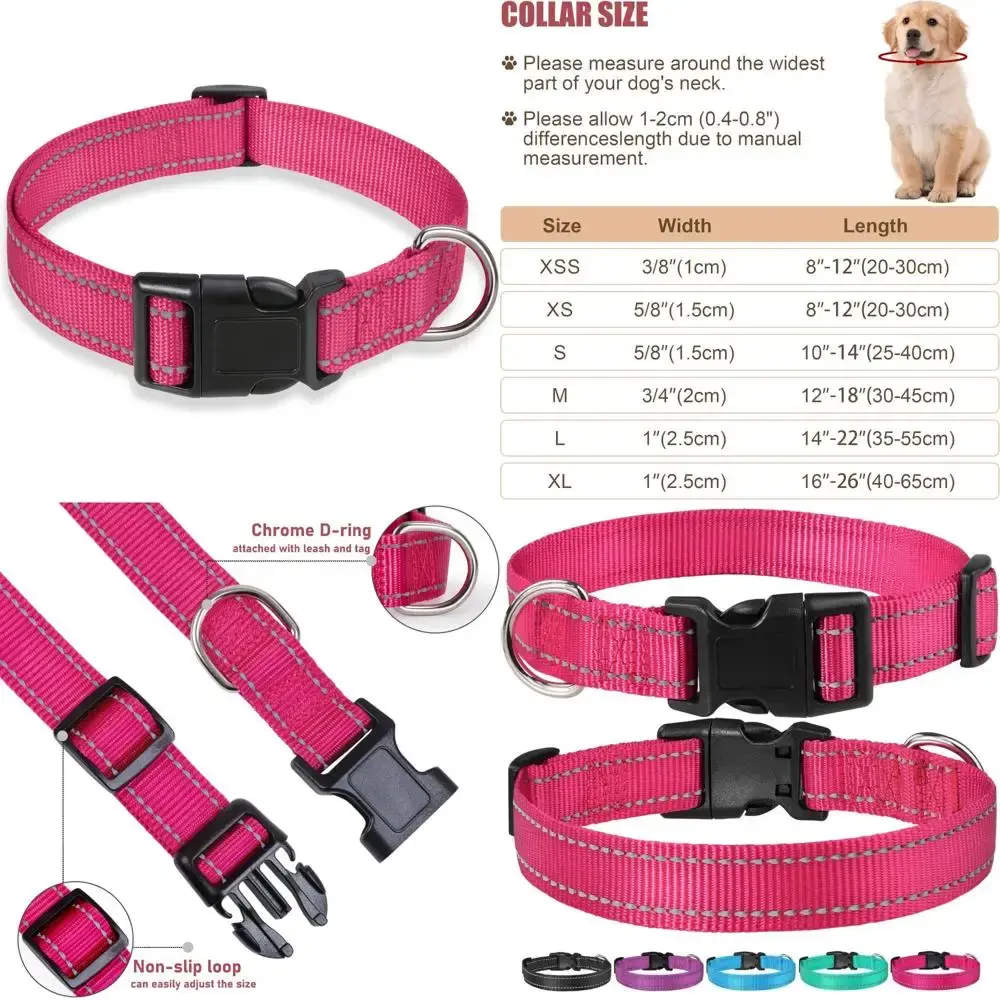 Adjustable Safety Reflective Nylon Dog Collar, Pink, Suitable for Small to Large Dogs