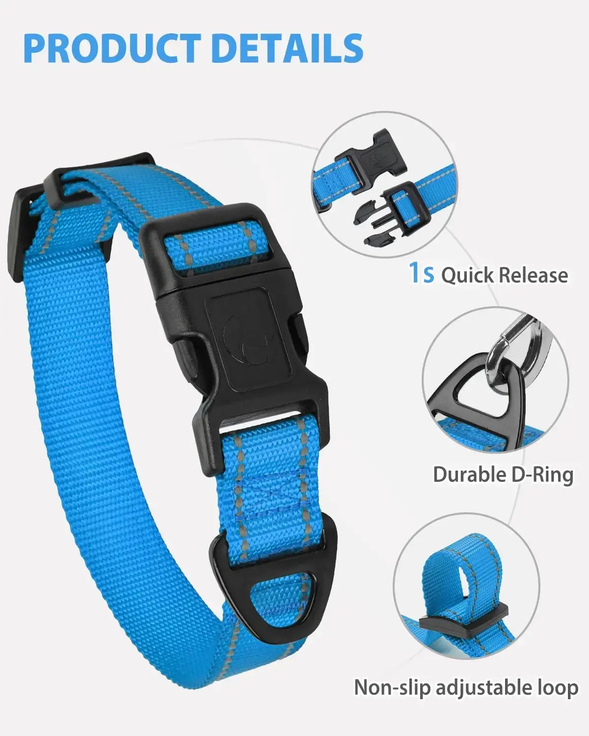 Adjustable Reflective Nylon Dog Collar for Small Dogs with Quick-Release Buckle and No-Choke Design