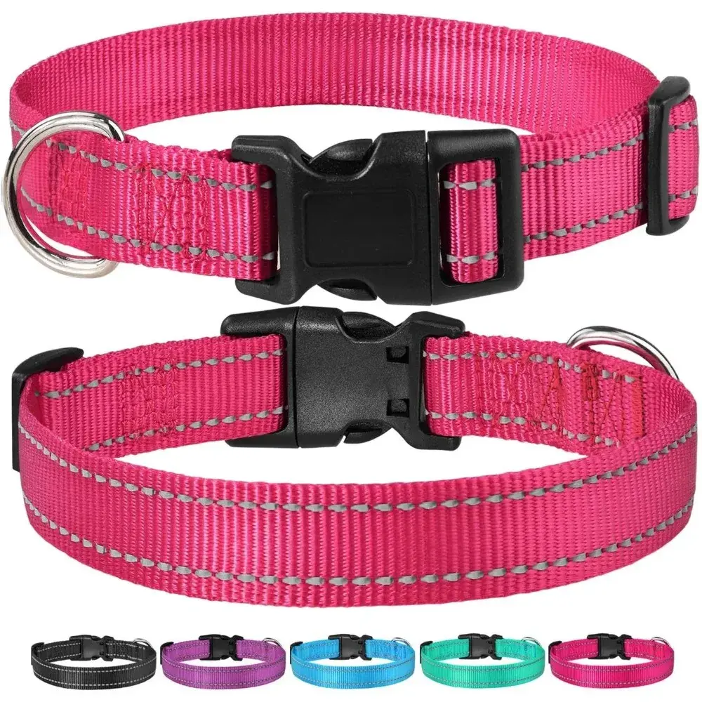 Adjustable Safety Reflective Nylon Dog Collar, Pink, Suitable for Small to Large Dogs
