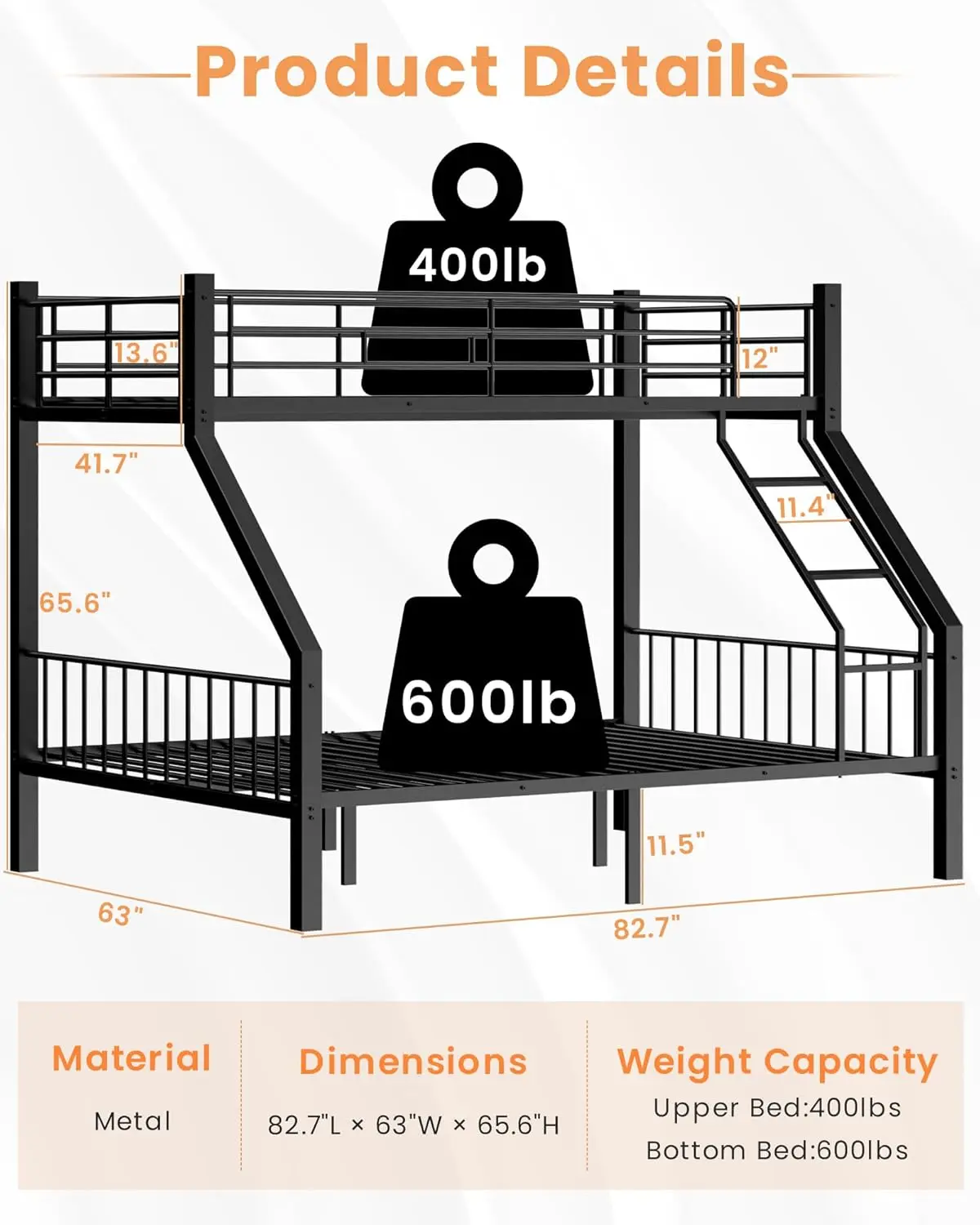 Twin XL Over Queen Bunk Bed, Heavy Duty Bunk Bed with Safety Ladder and Full-Length Guardrails, Metal Queen Bed Frame with Slats