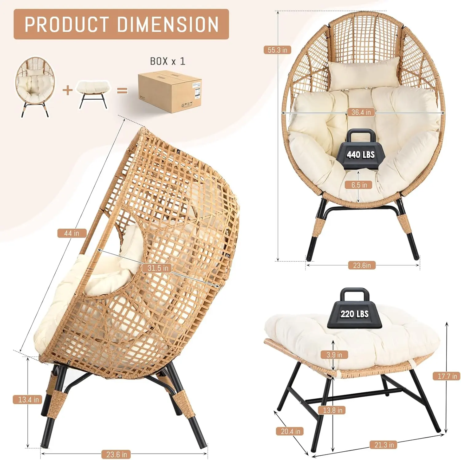 Egg Chair with Footrest, Wicker Patio Lounger with Ottoman, Oversized Rattan Egg Shaped Chair with Leg for Indoor