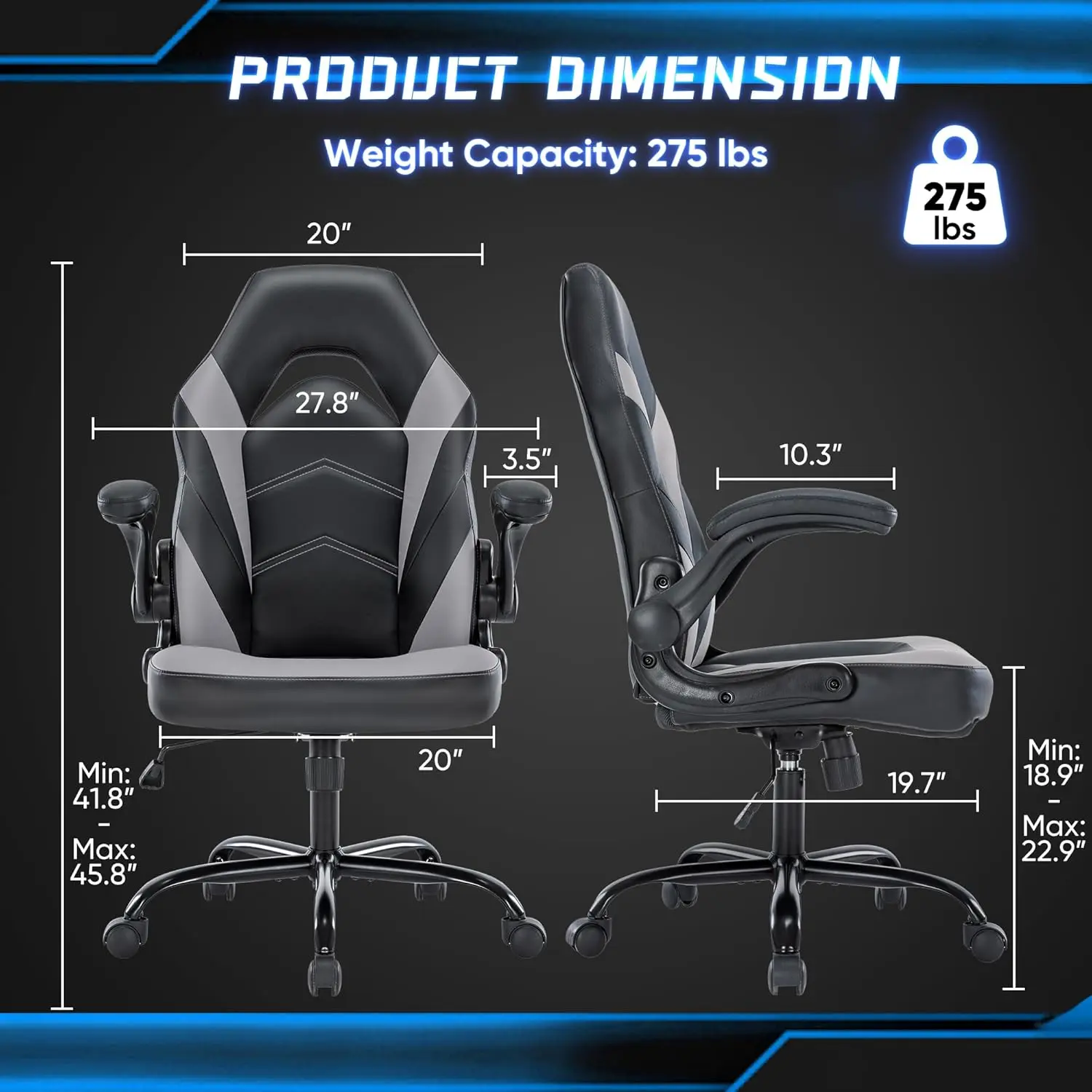 Big and Tall Office Desk Leather Gaming Computer Chair with Adjustable Swivel Task and Flip-up Arms for Adults, Teens, Grey