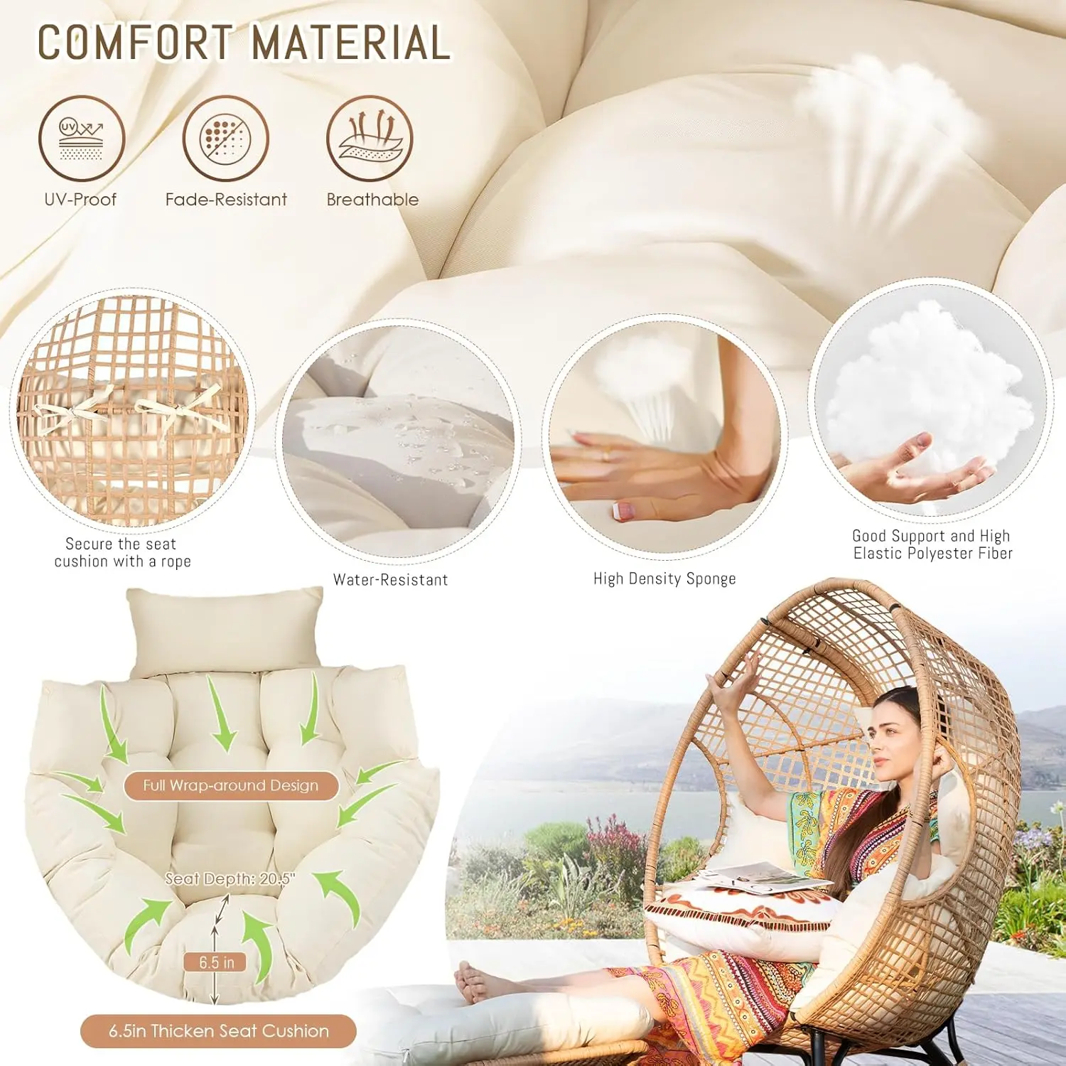 Egg Chair with Footrest, Wicker Patio Lounger with Ottoman, Oversized Rattan Egg Shaped Chair with Leg for Indoor