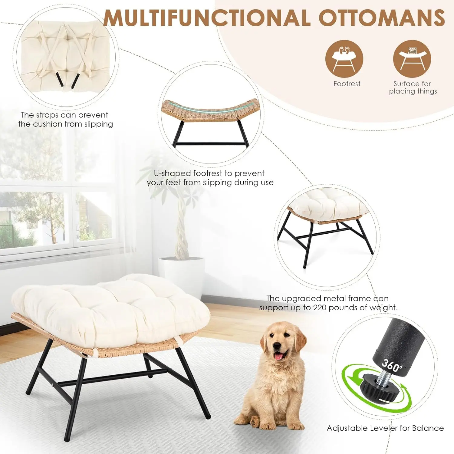 Egg Chair with Footrest, Wicker Patio Lounger with Ottoman, Oversized Rattan Egg Shaped Chair with Leg for Indoor