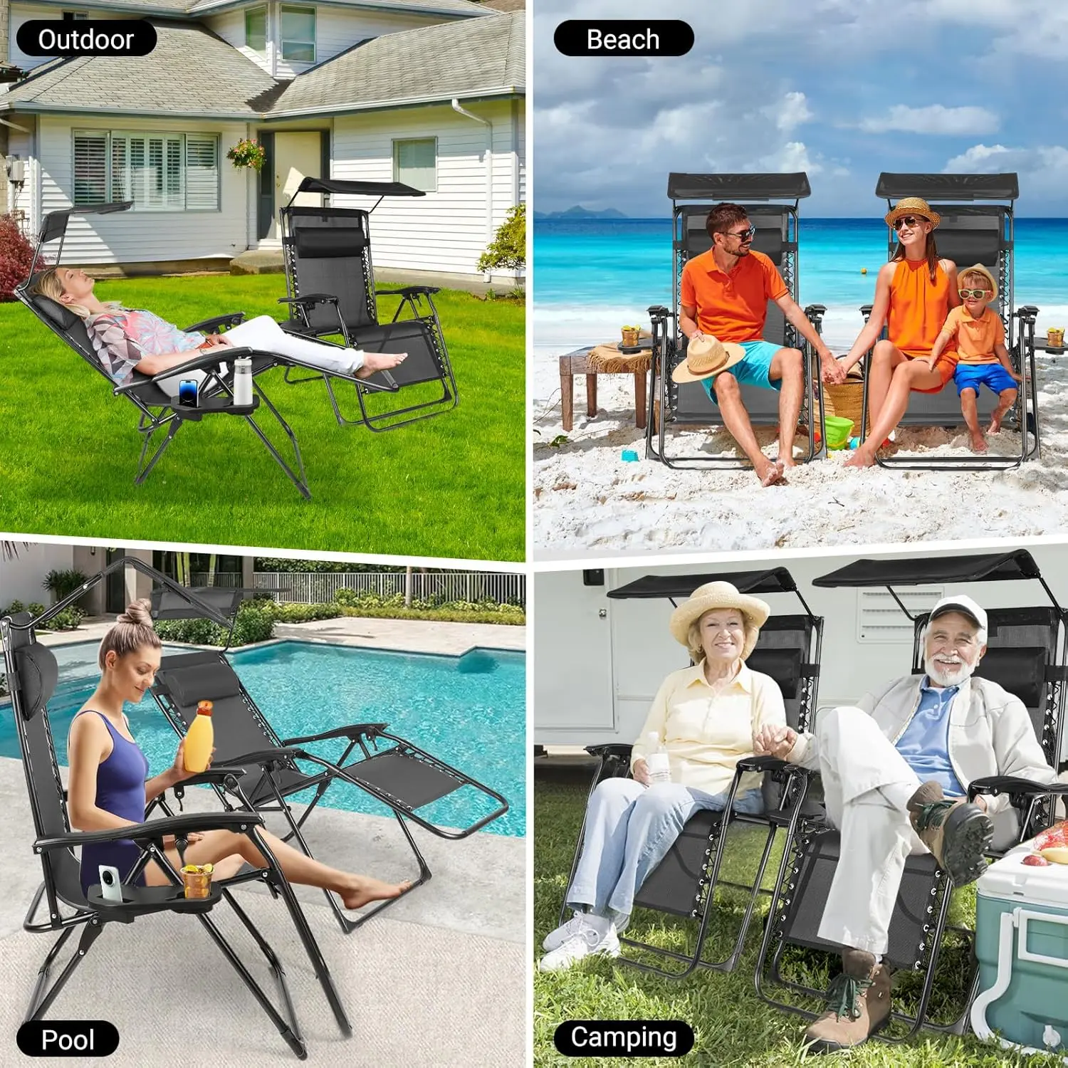 Zero Gravity Chairs Set of 2, Oversized Outdoor Recliner Patio Lounge Chair with Canopy Shade, Foldable Outdoor Lounger