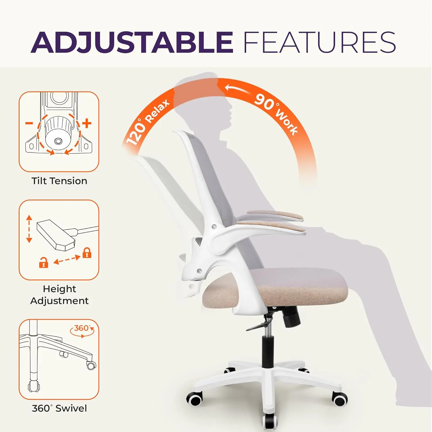 Office Desk Computer Gaming Chair with Ergonomic Lumbar Back Support Flip-up Padded Armrest Adjustable Height and Wheels