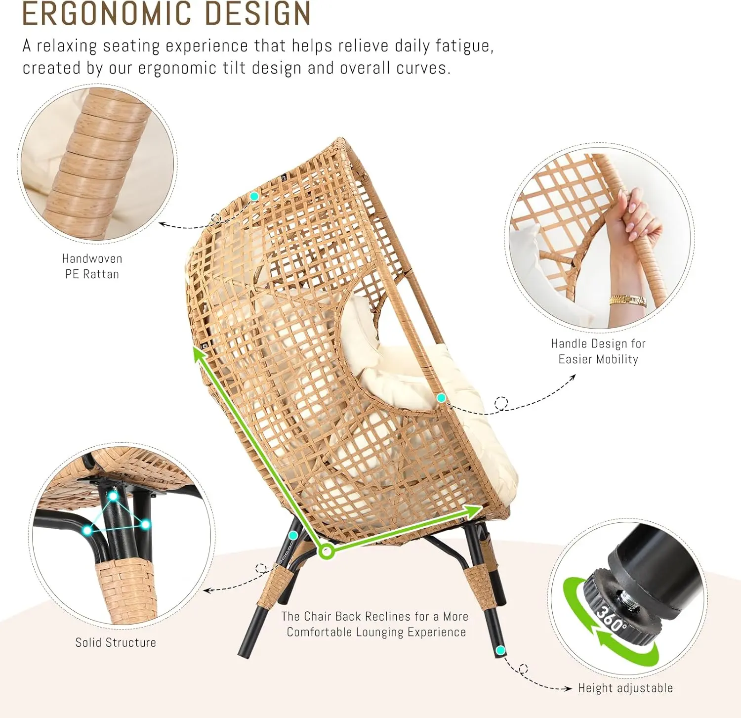 Egg Chair with Footrest, Wicker Patio Lounger with Ottoman, Oversized Rattan Egg Shaped Chair with Leg for Indoor