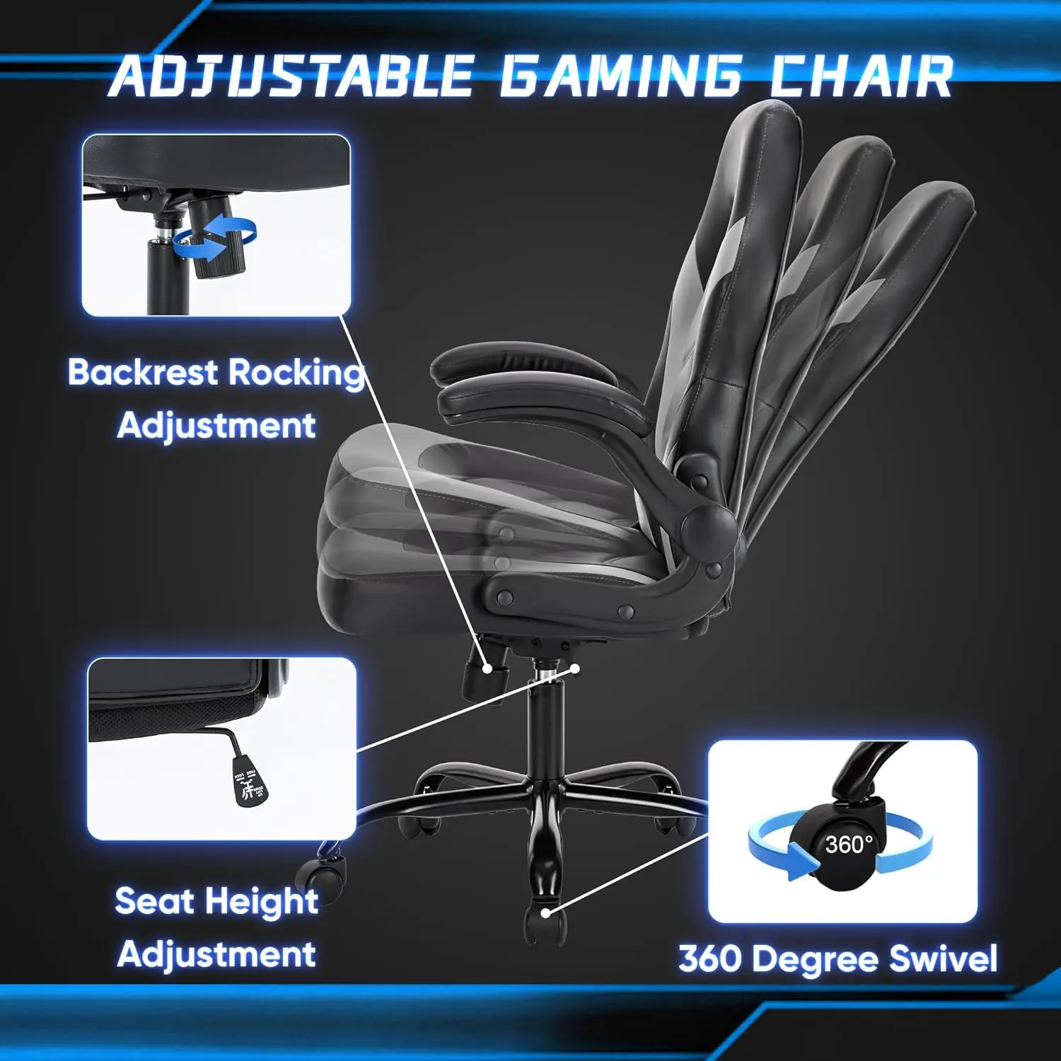 Big and Tall Office Desk Leather Gaming Computer Chair with Adjustable Swivel Task and Flip-up Arms for Adults, Teens, Grey
