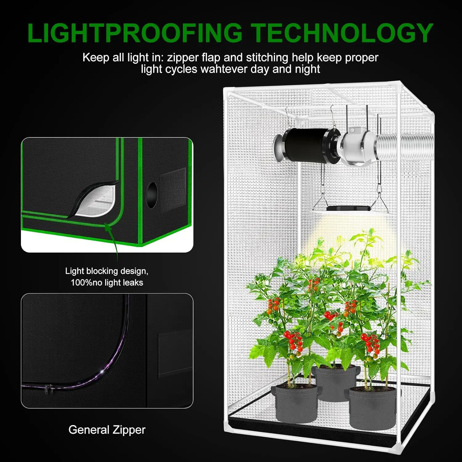 2x2 Grow Tent, 24"x24"x48'' High Reflective 600D Diamond Mylar Canvas with Observation Window and Floor Tray for