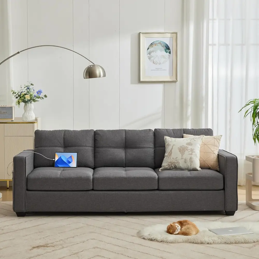 "grey modern linen fabric sofa couch with 2 usb ports, comfortable mid-century upholstered 2/3 seater loveseat, wide arms for sm