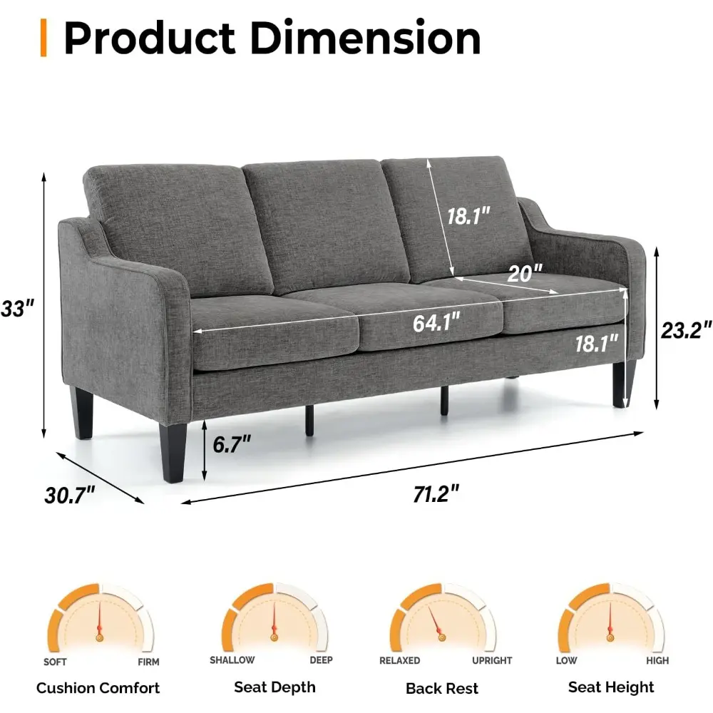 mid-century modern grey chenille sofa set, 71" loveseat and small couch for living room