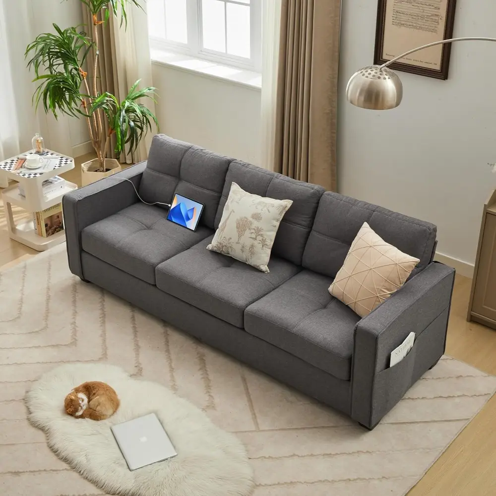 "grey modern linen fabric sofa couch with 2 usb ports, comfortable mid-century upholstered 2/3 seater loveseat, wide arms for sm