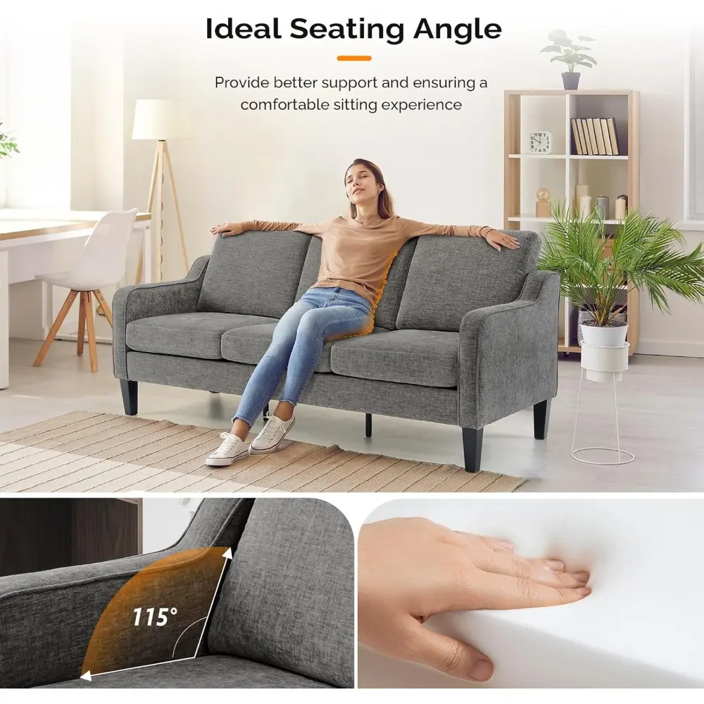 mid-century modern grey chenille sofa set, 71" loveseat and small couch for living room