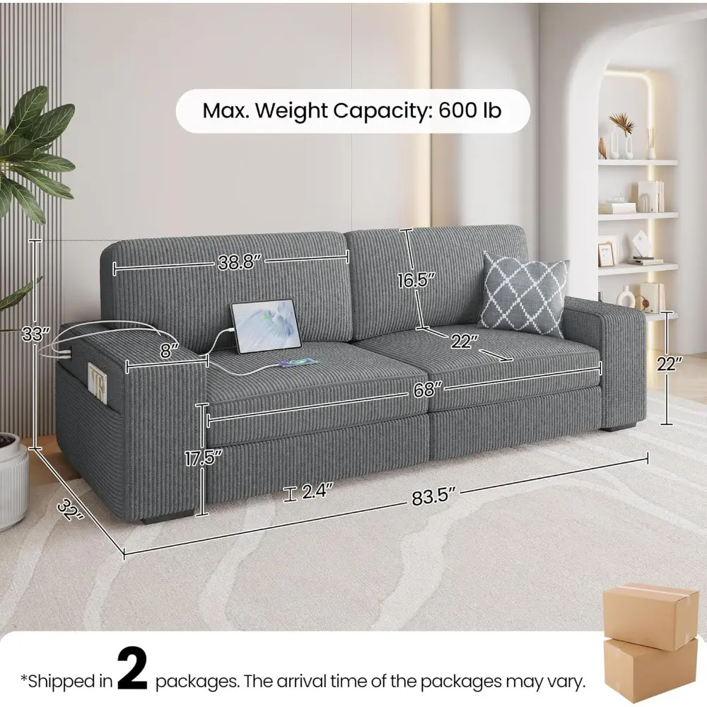 modern corduroy sofa with detachable cover, usb charging ports, and side storage pockets for living room