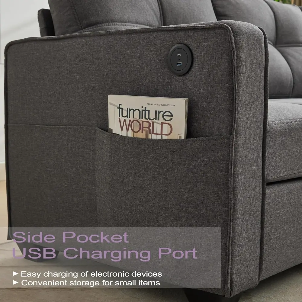 "grey modern linen fabric sofa couch with 2 usb ports, comfortable mid-century upholstered 2/3 seater loveseat, wide arms for sm