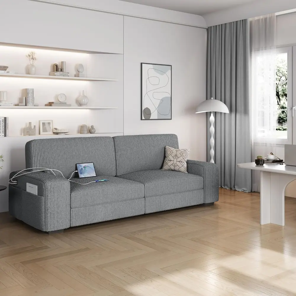 modern corduroy sofa with detachable cover, usb charging ports, and side storage pockets for living room