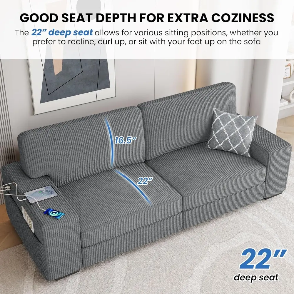 modern corduroy sofa with detachable cover, usb charging ports, and side storage pockets for living room