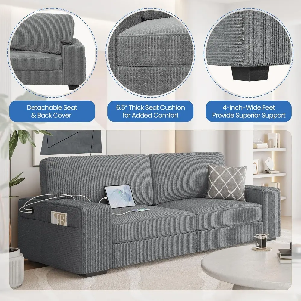 modern corduroy sofa with detachable cover, usb charging ports, and side storage pockets for living room