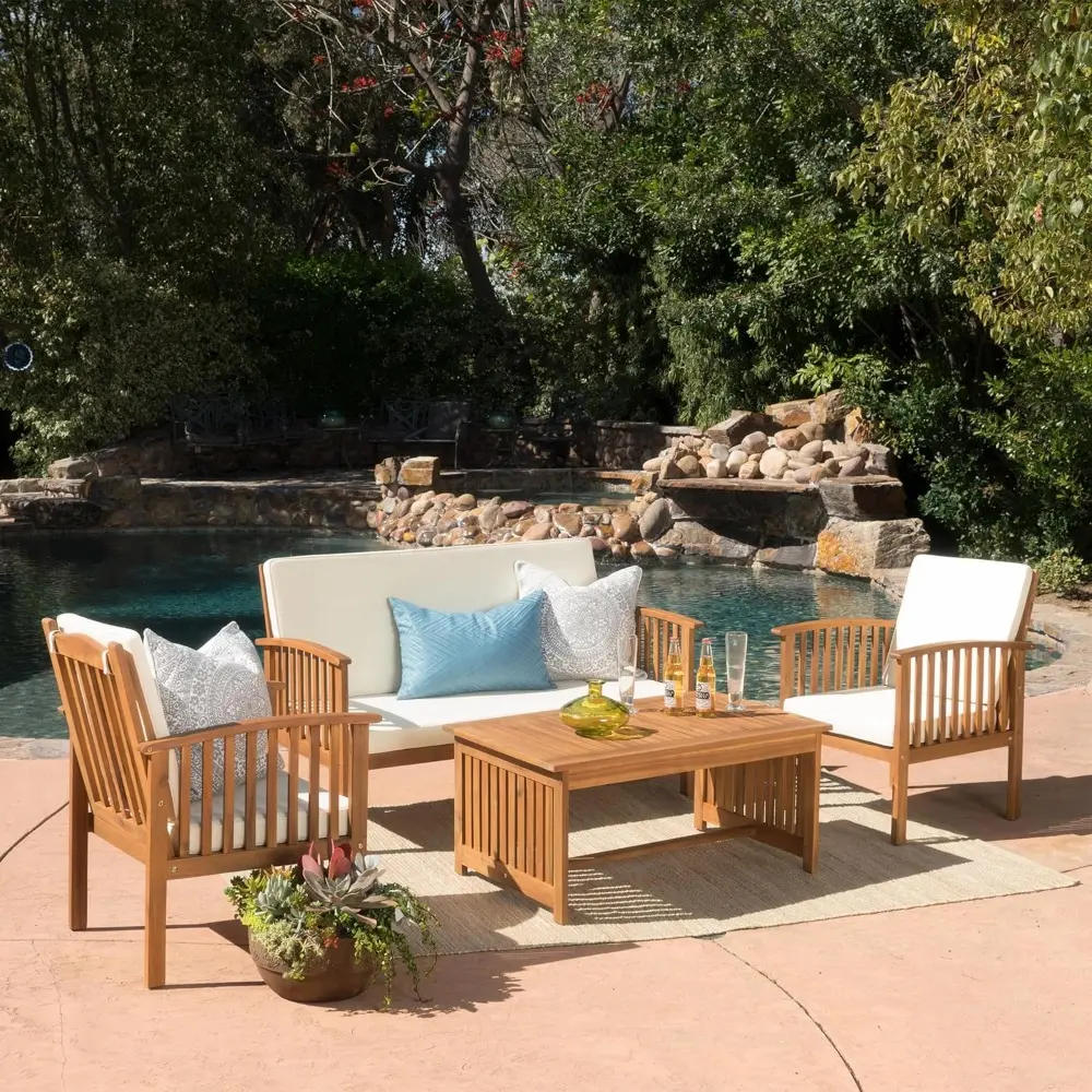 brown patina acacia outdoor sofa set with cream cushions, 4-piece